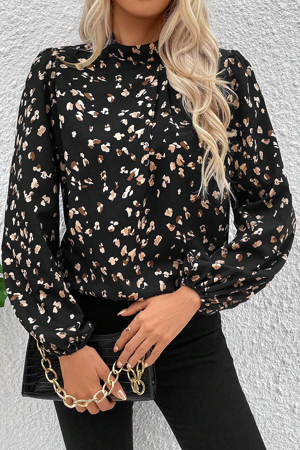 Black Leopard Print Puff Sleeve Mock Neck Pleated Blouse