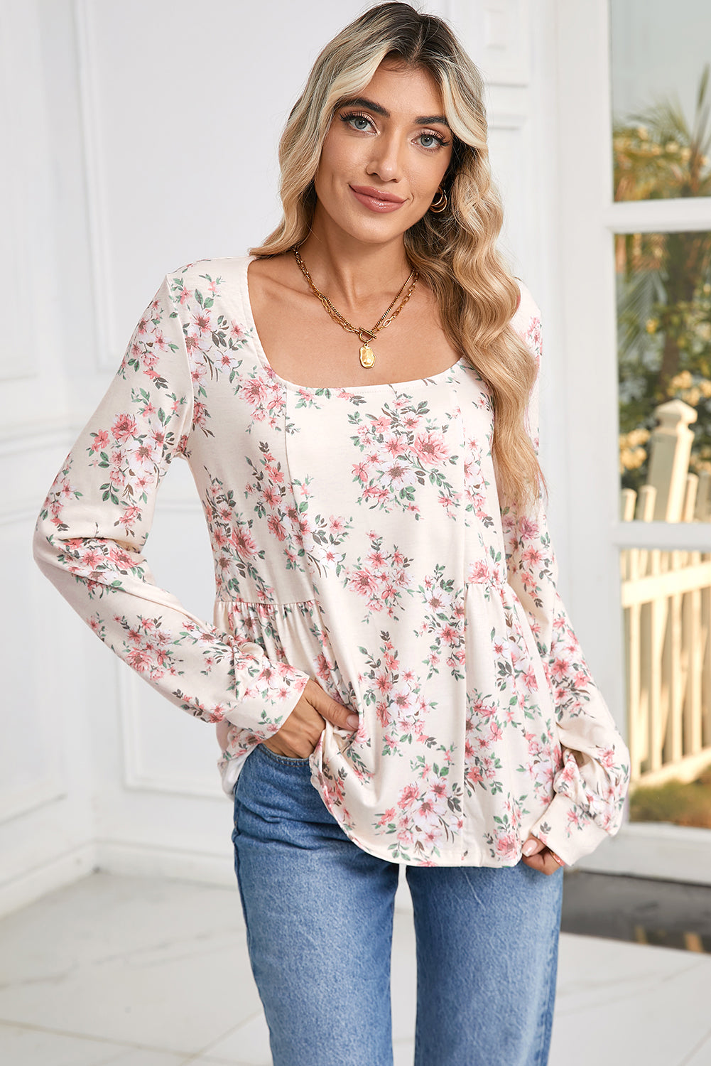 Pink Floral Print Pleated U Neck Loose Fit Blouse