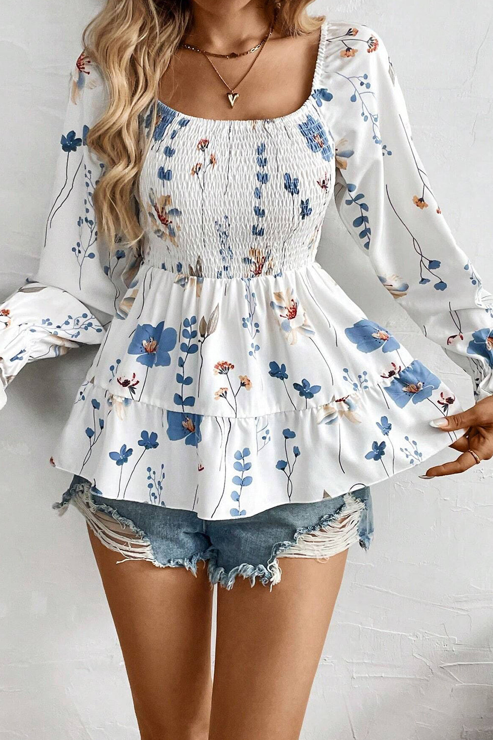 White Floral Shirred Square Neck Long Sleeve Shirt