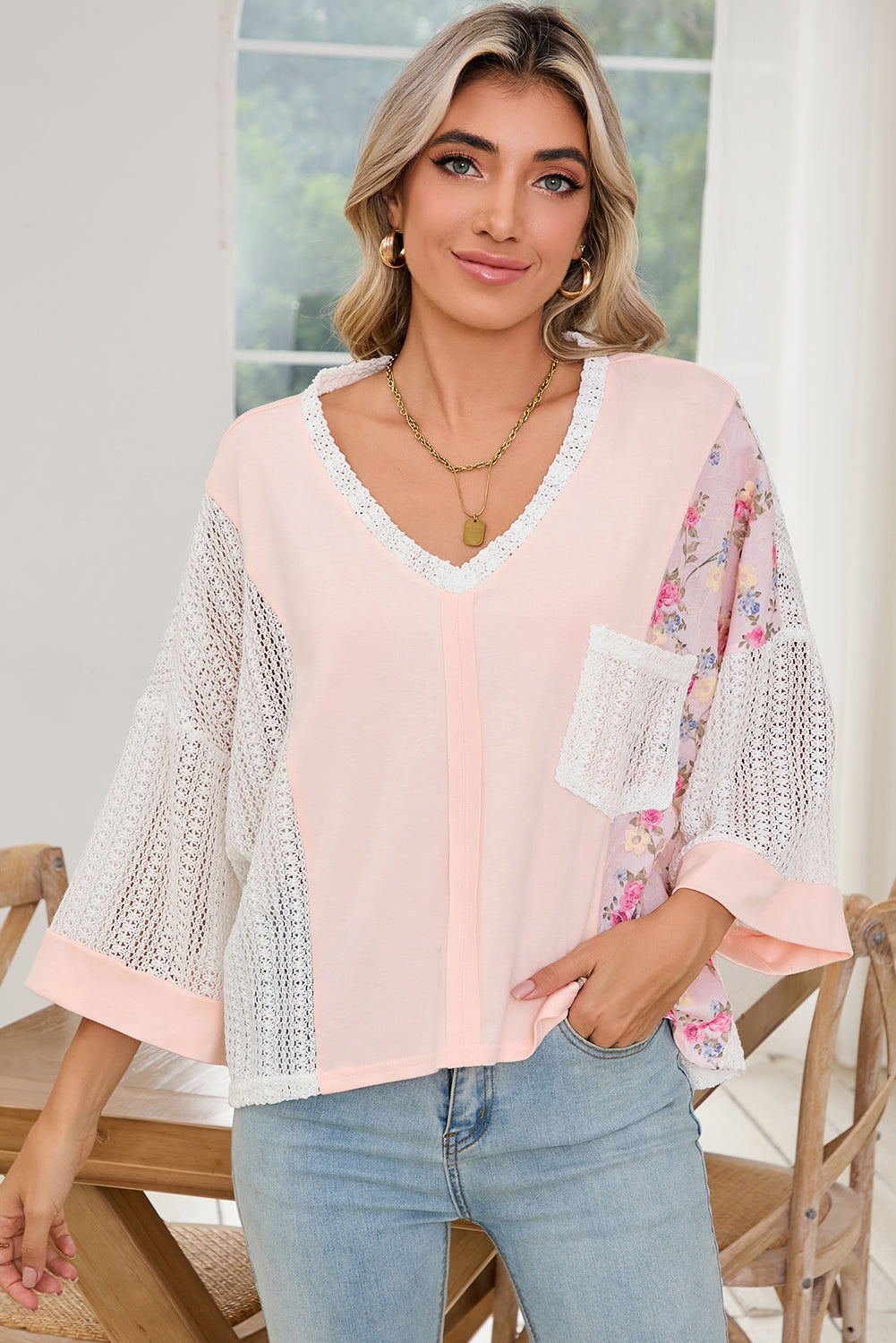 Delicacy Floral Crochet Patchwork Batwing Sleeve Blouse