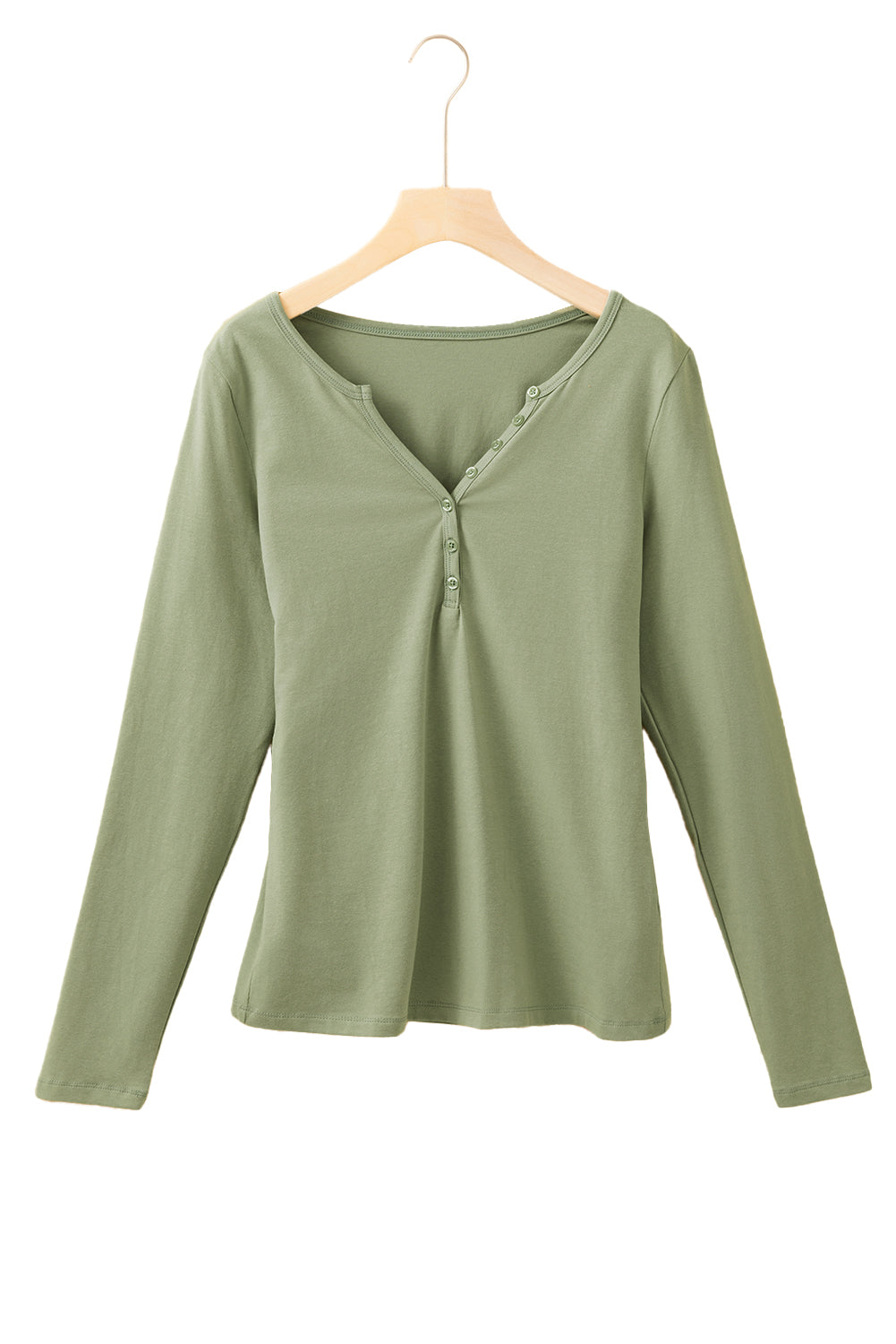 Laurel Green Long Sleeve Buttons V Neck Slim Fit Top