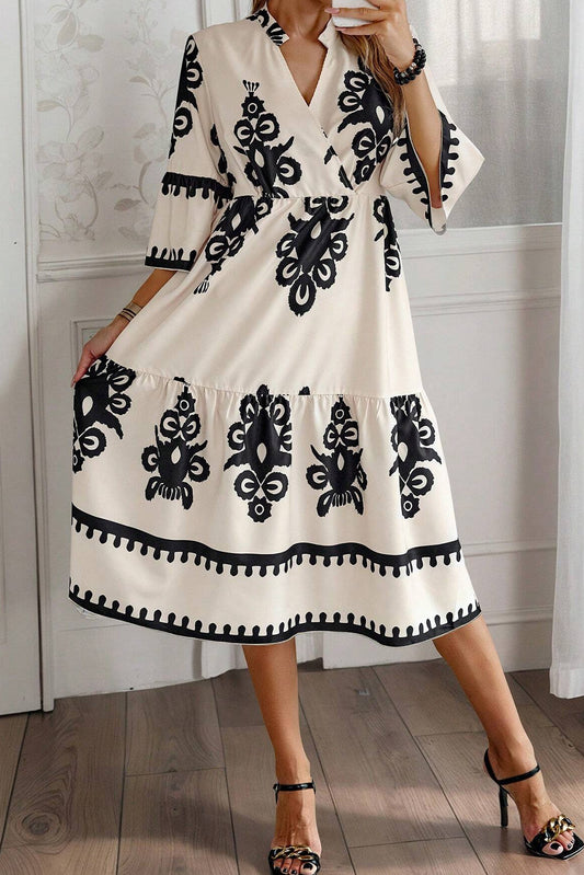 Beige Ethnic Geometric Print 3/4 Sleeve Loose Midi Dress