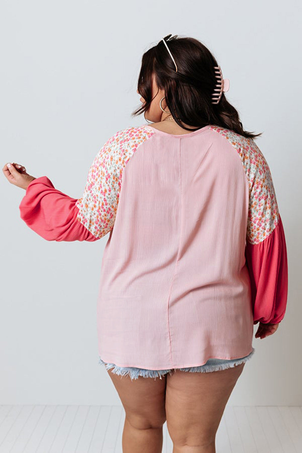 Pink Floral Patchwork Long Sleeve Crinkle Plus Size Blouse