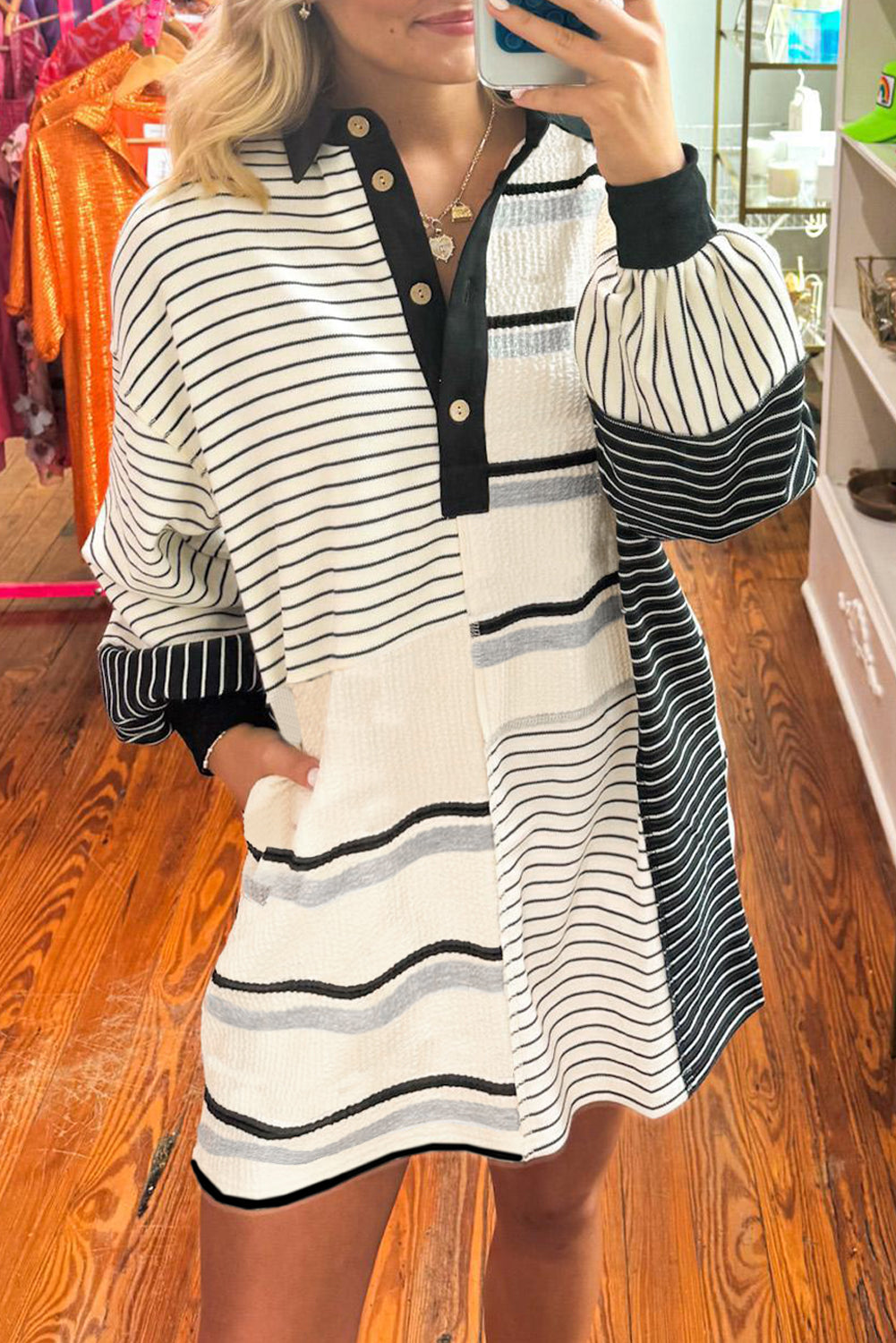 Black Stripe Colorblock Long Sleeve Collar Half Buttons Mini Dress