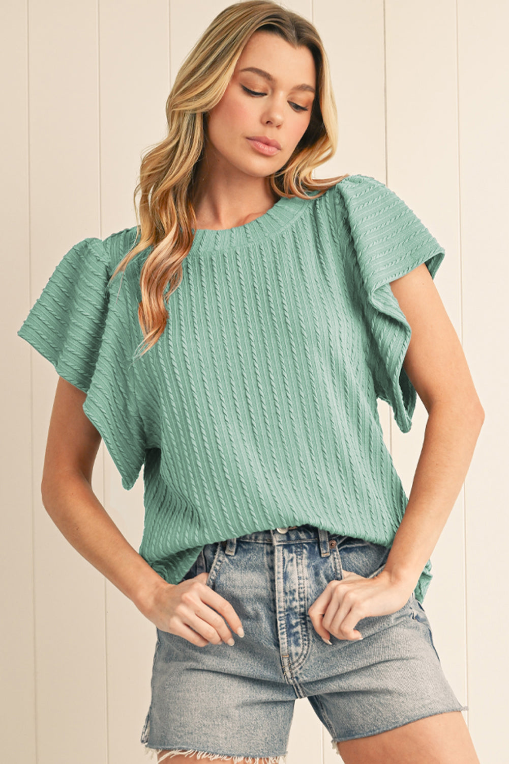 Moonlight Jade Solid Color Textured Ruffle Short Sleeve Knit Top