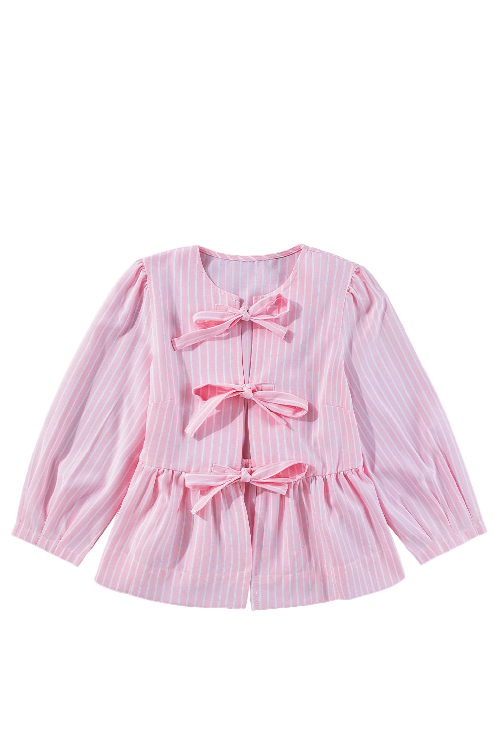 Pink Striped Print Sweet Bow Tie Blouse