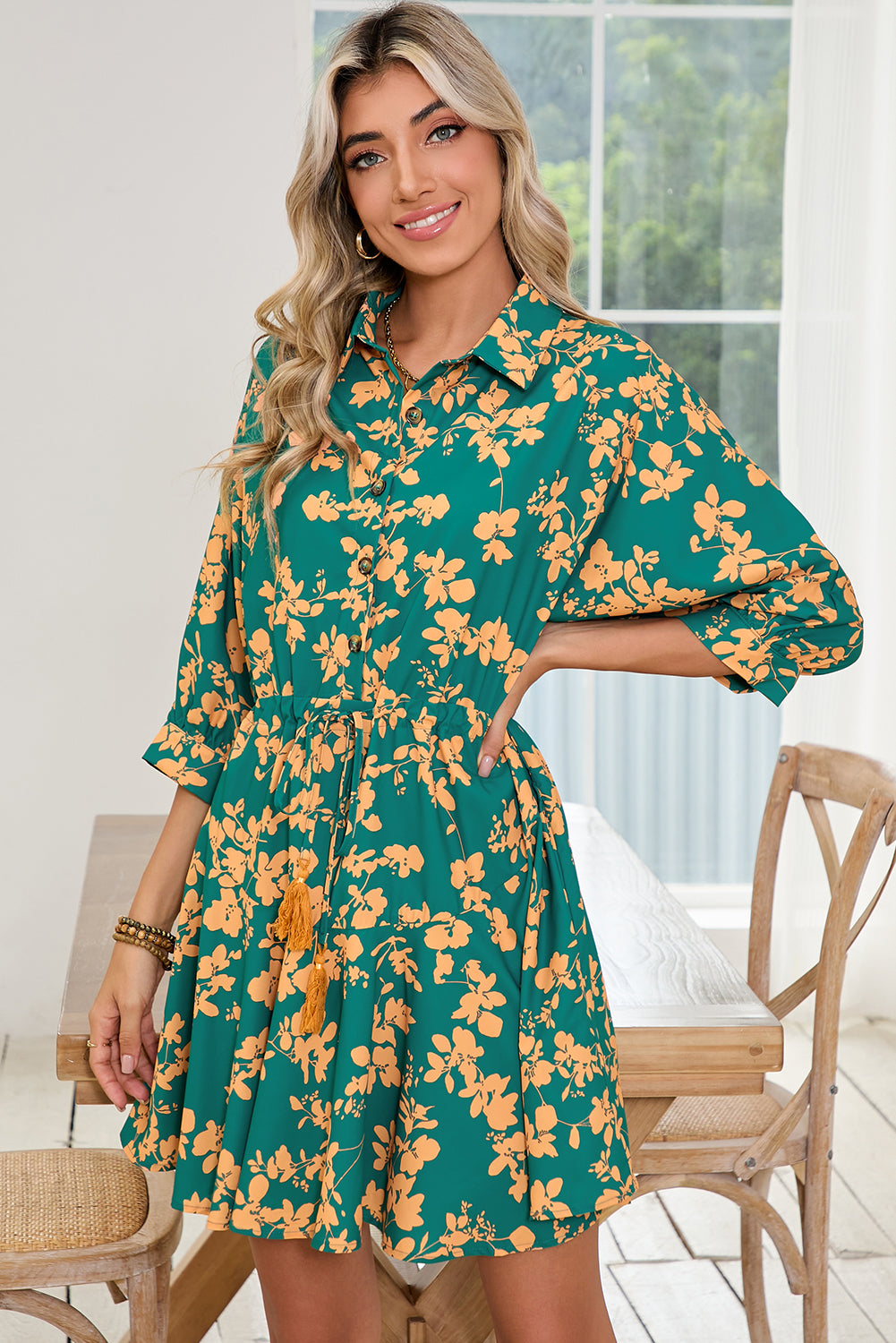 Green Floral Print Drawstring Flowy Short Dress