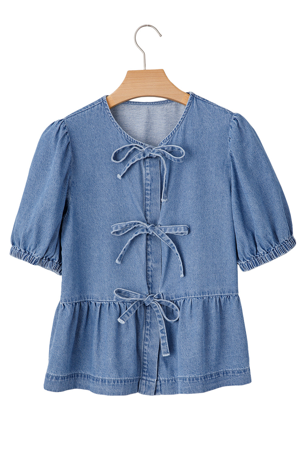 Dusk Blue Bow Tie Front Bubble Sleeve Peplum Denim Shirt