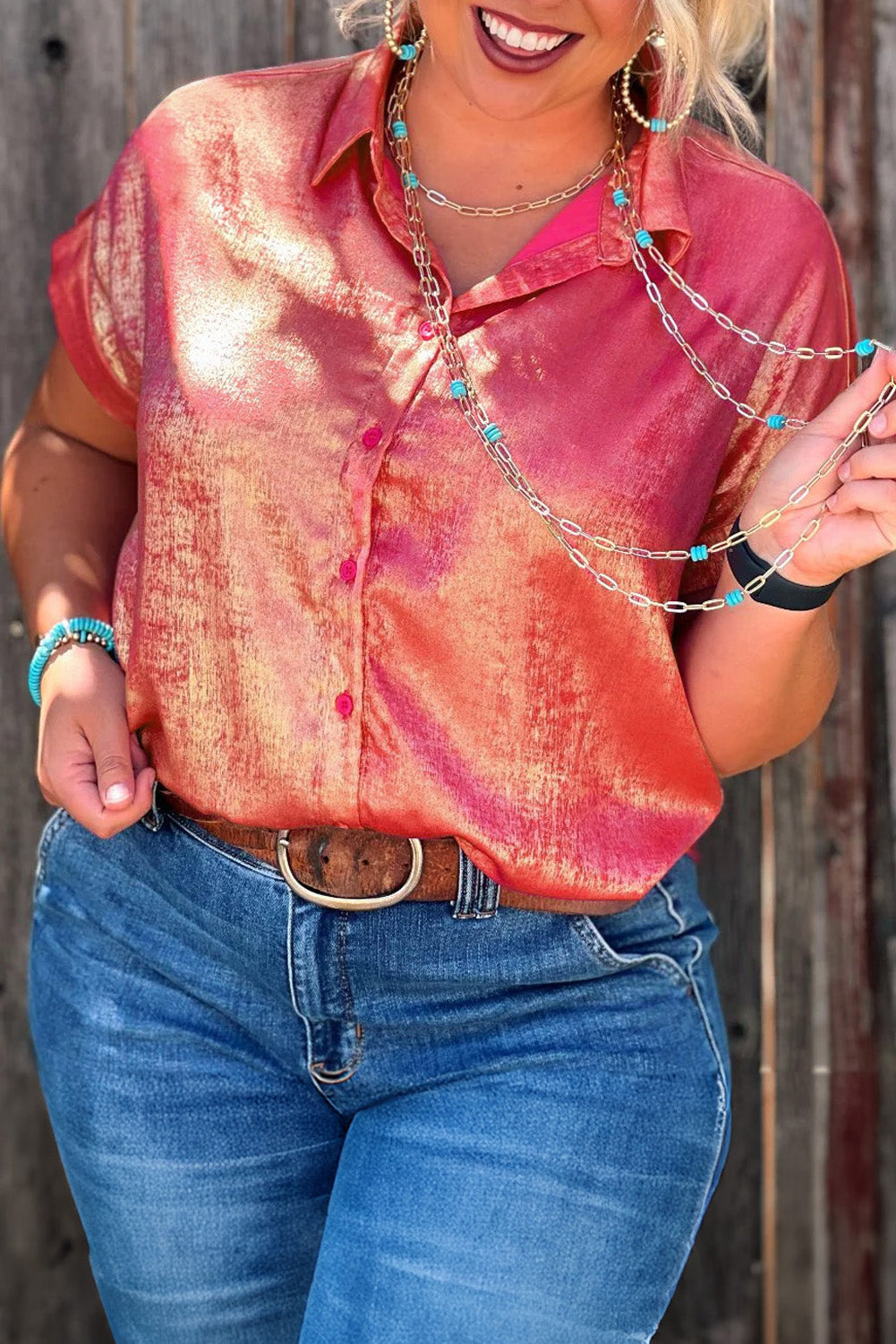 Rose Red Metallic Sheen Short Sleeve Plus Size Shirt