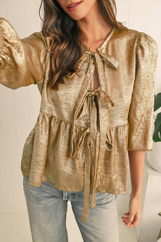 Gold Solid Color Bowknot Front Puff Sleeve Blouse