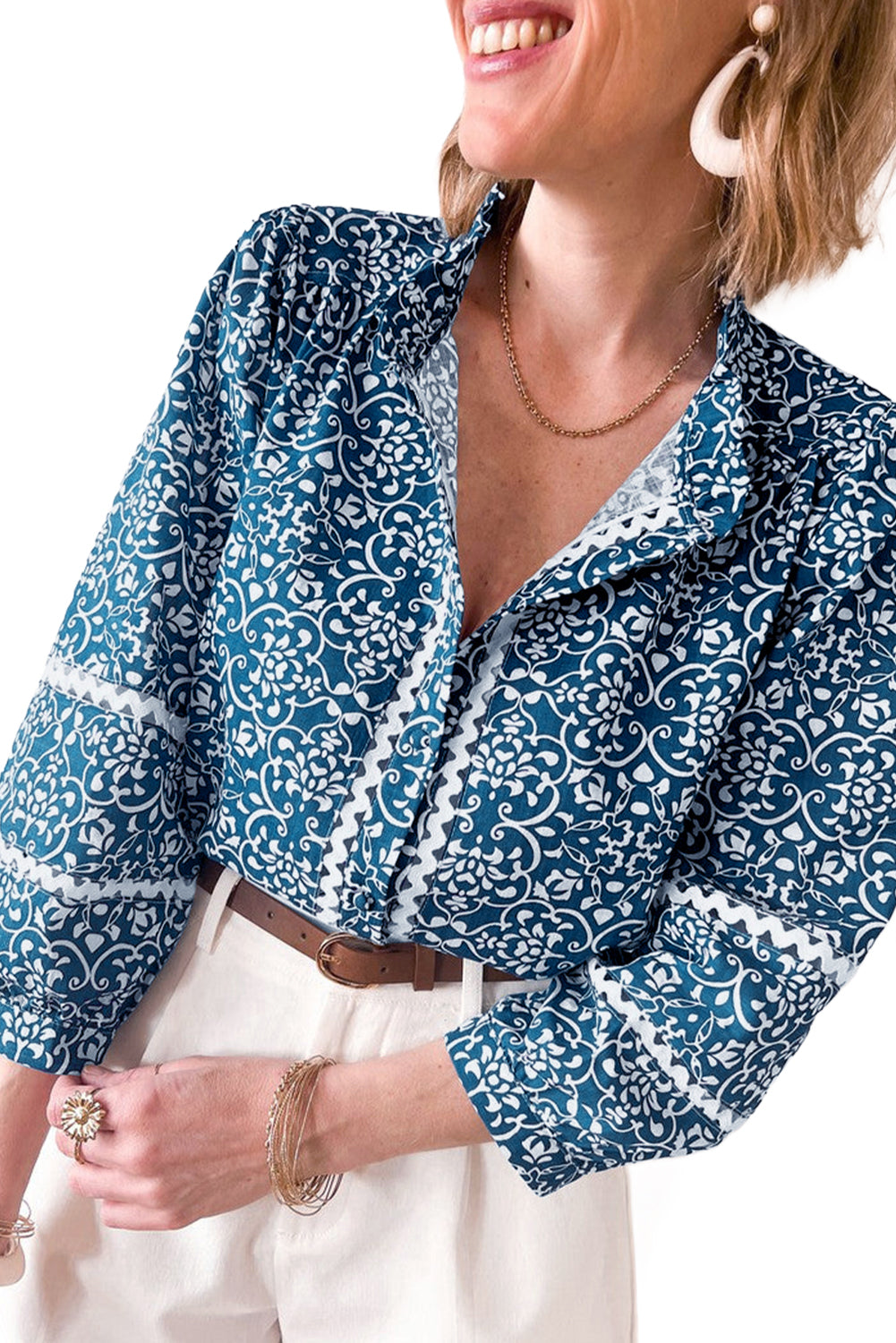 Blue Floral Ric Rac Button Loose Fit Shirt