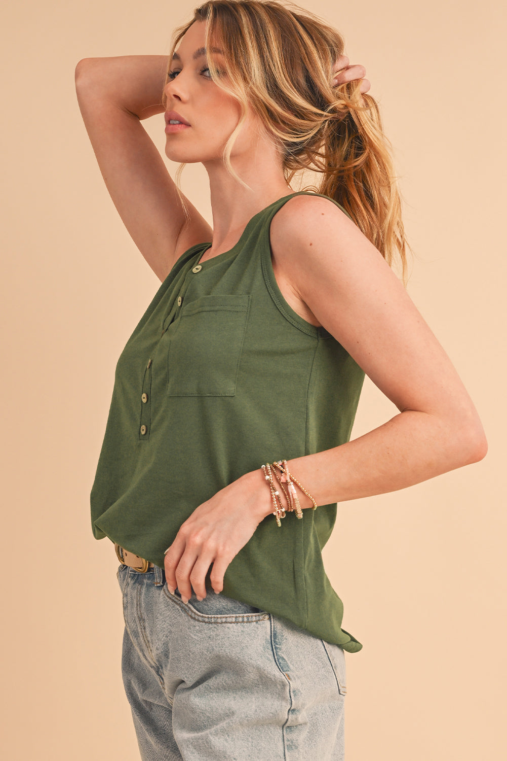 Jungle Green Half Button V Neck Patched Pocket Tank Top