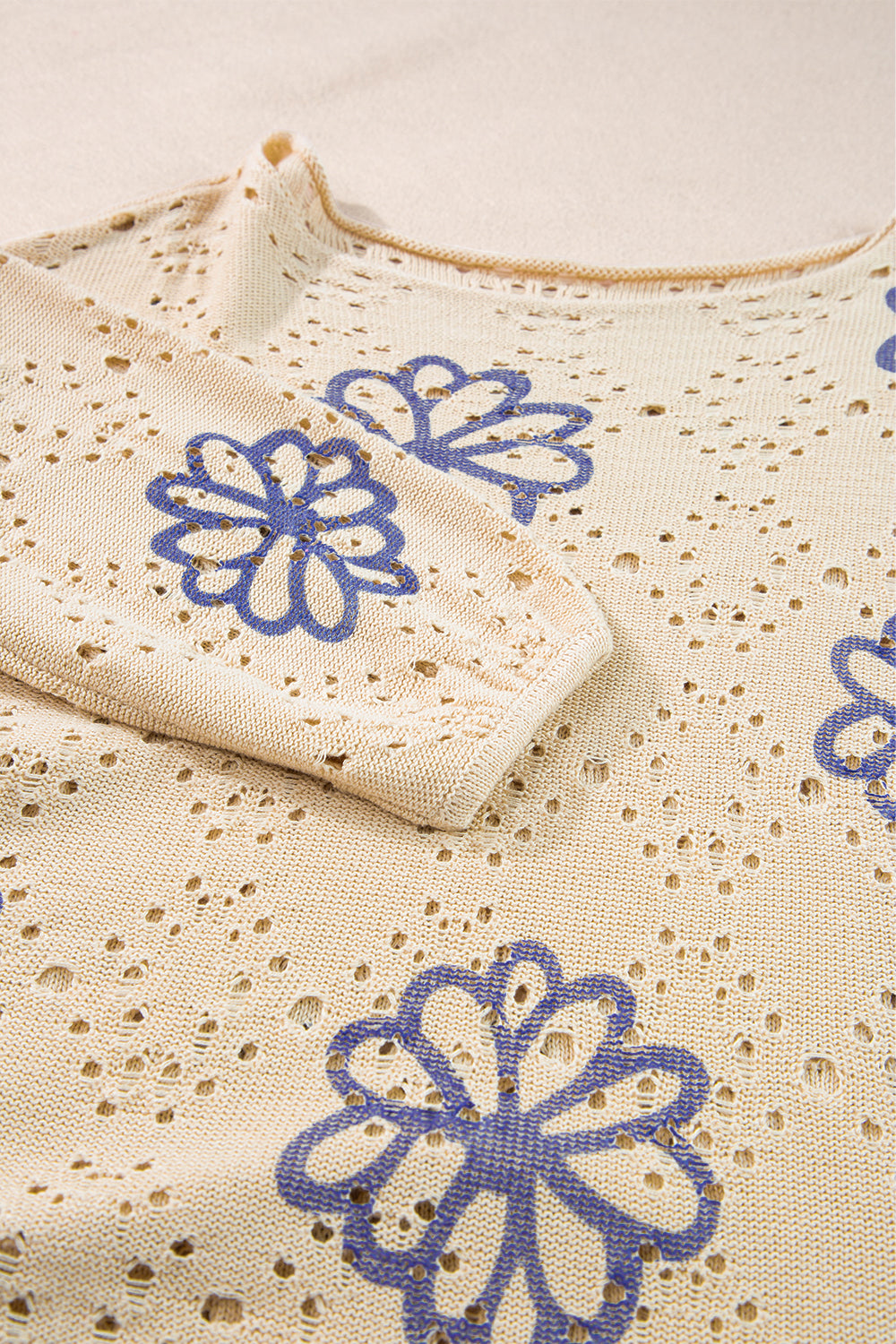 Beige Flower Print Drop Shoulder Hollow Knit Sweater