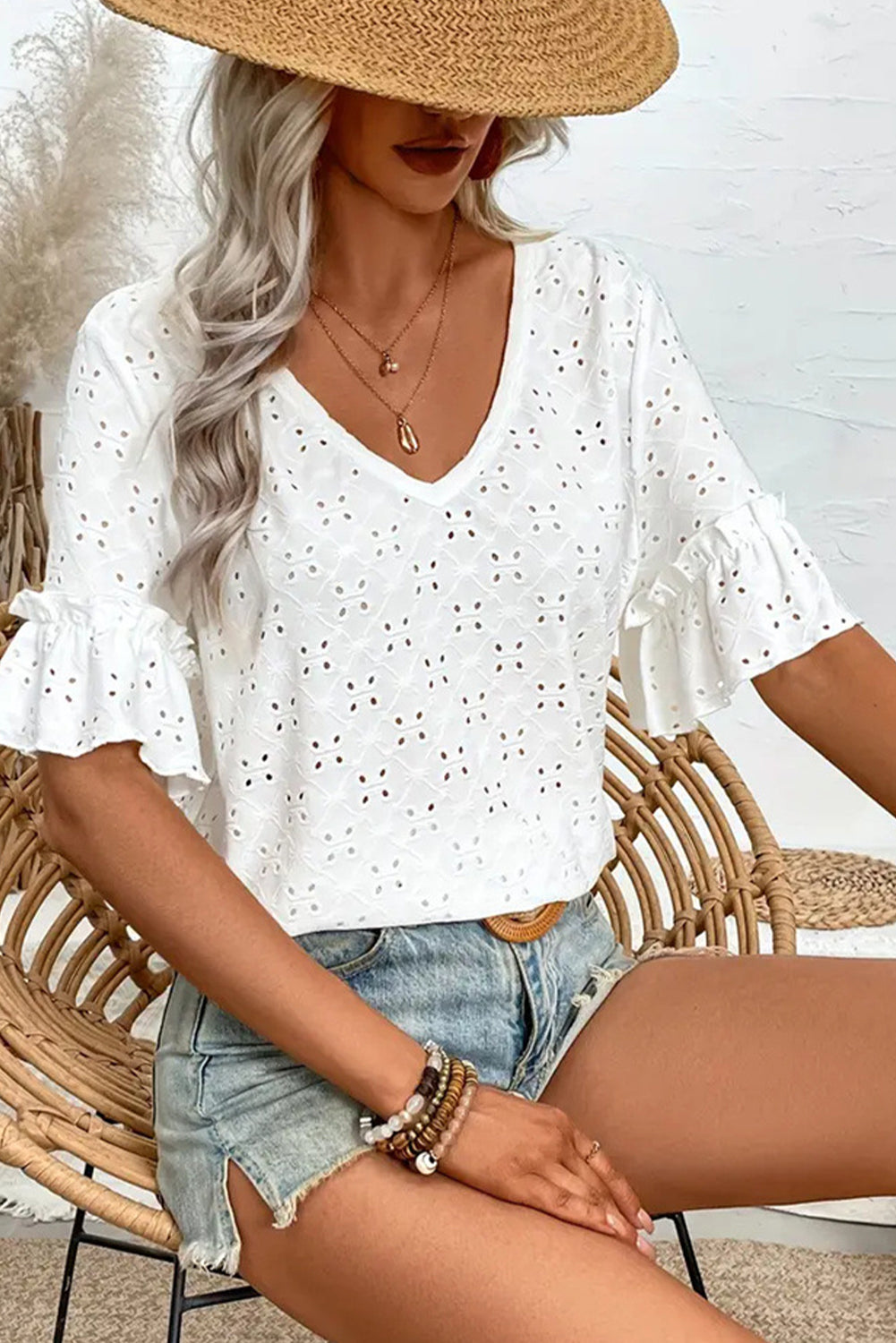 White Embroidered Hollow Ruffle V-Neck Short Sleeve Top