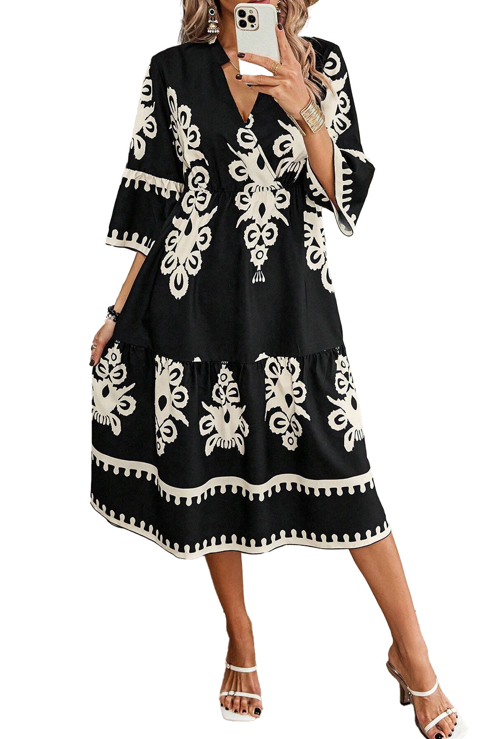 Beige Ethnic Geometric Print 3/4 Sleeve Loose Midi Dress