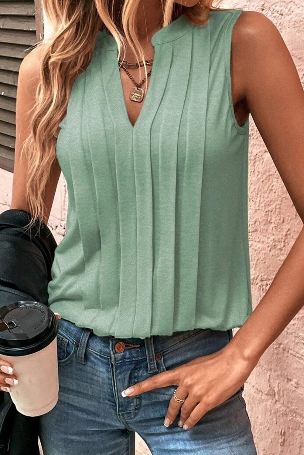 Smoke Green Pleated V Neck Vest