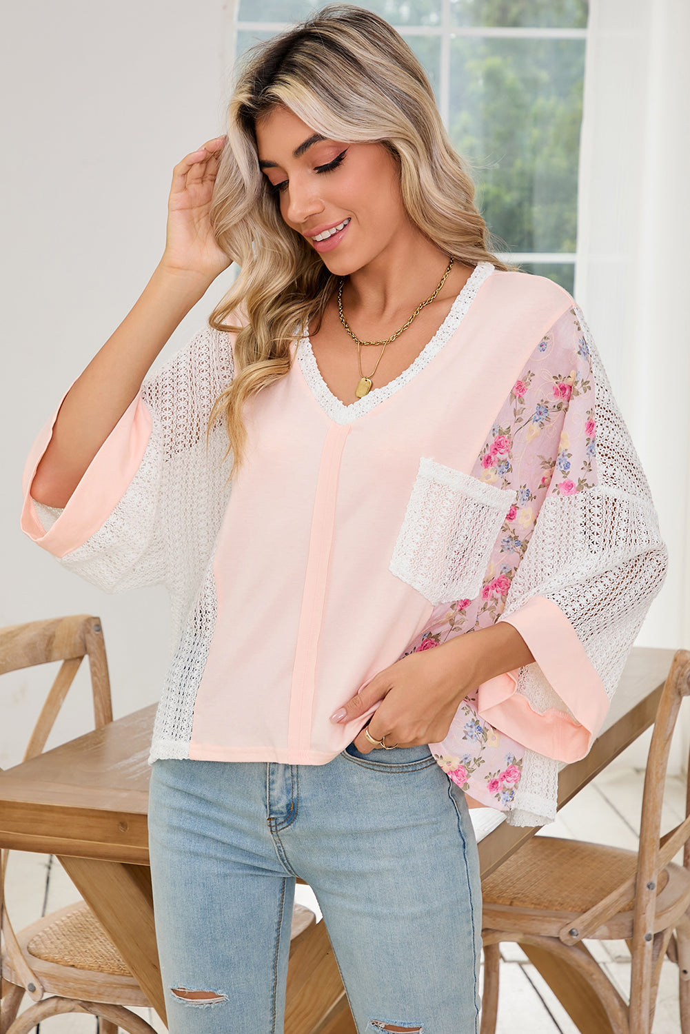 Delicacy Floral Crochet Patchwork Batwing Sleeve Blouse