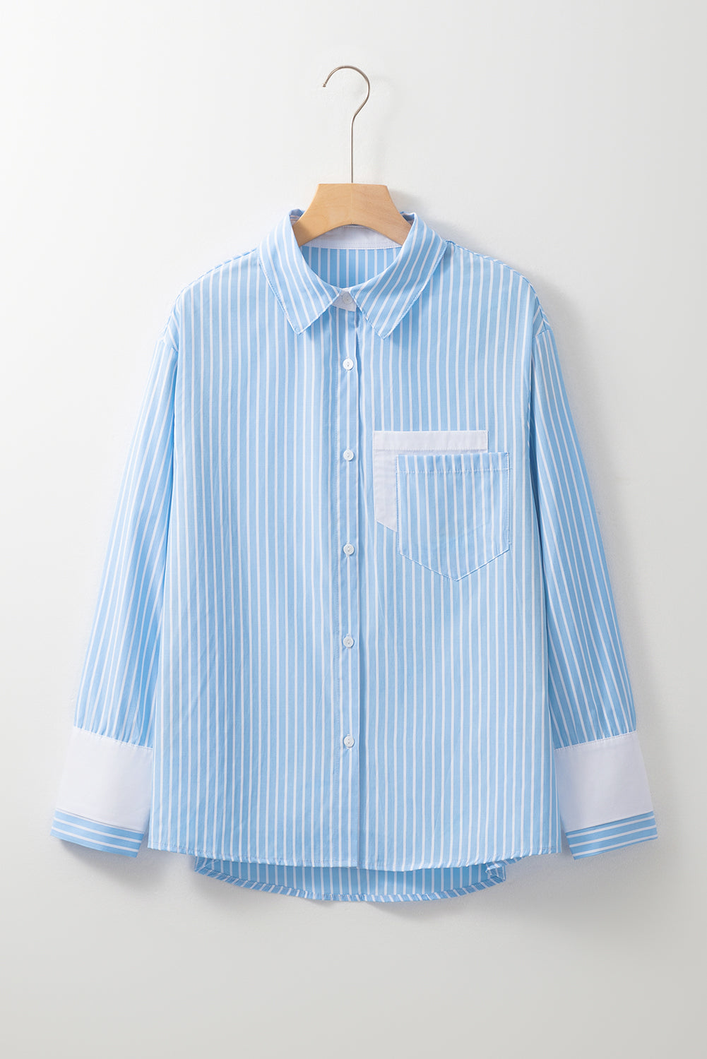 Sky Blue Stripe Contrast Patch Pocket Casual Shirt