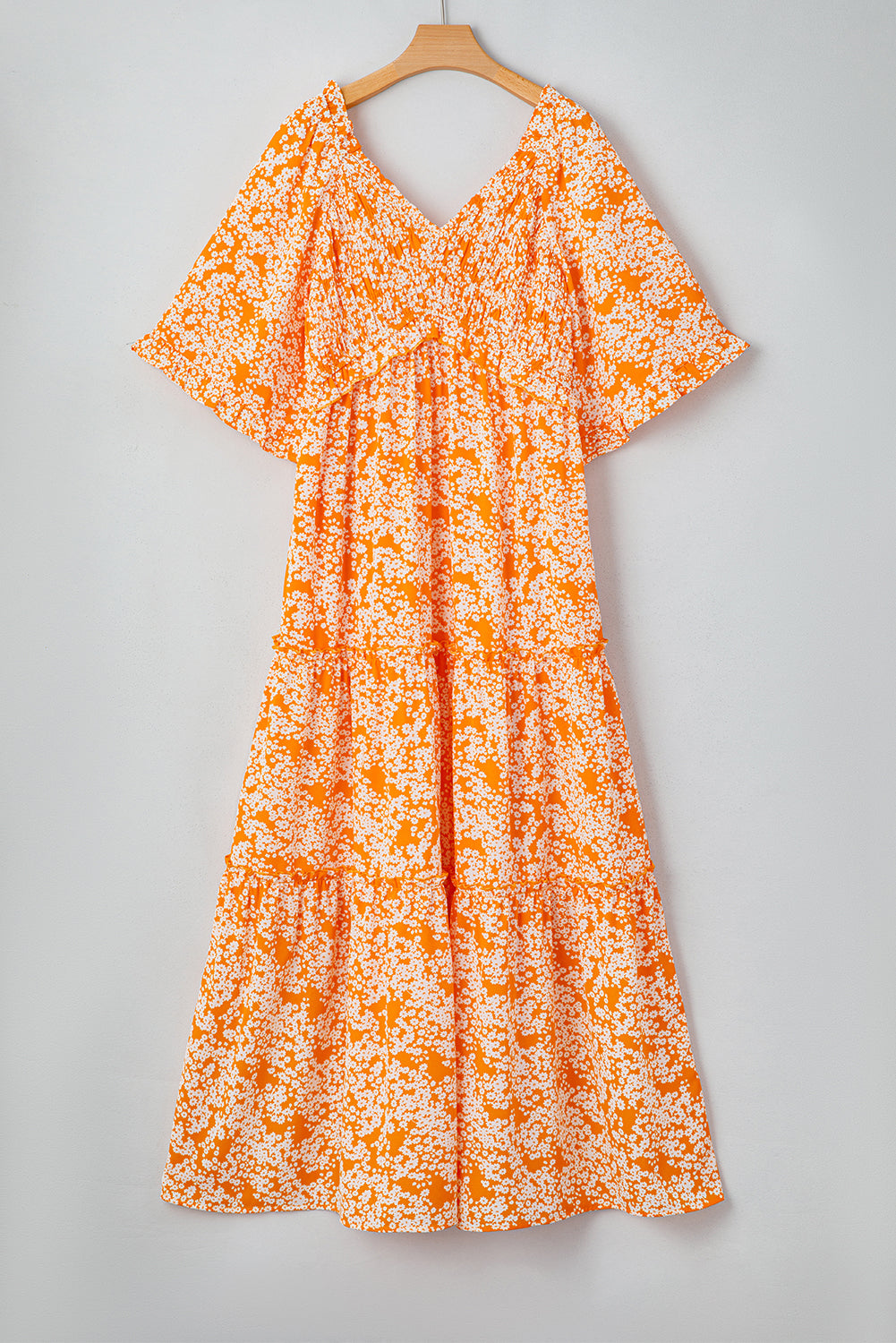 Orange Floral Print Smocked V Neck Bell Sleeve Maxi Dress