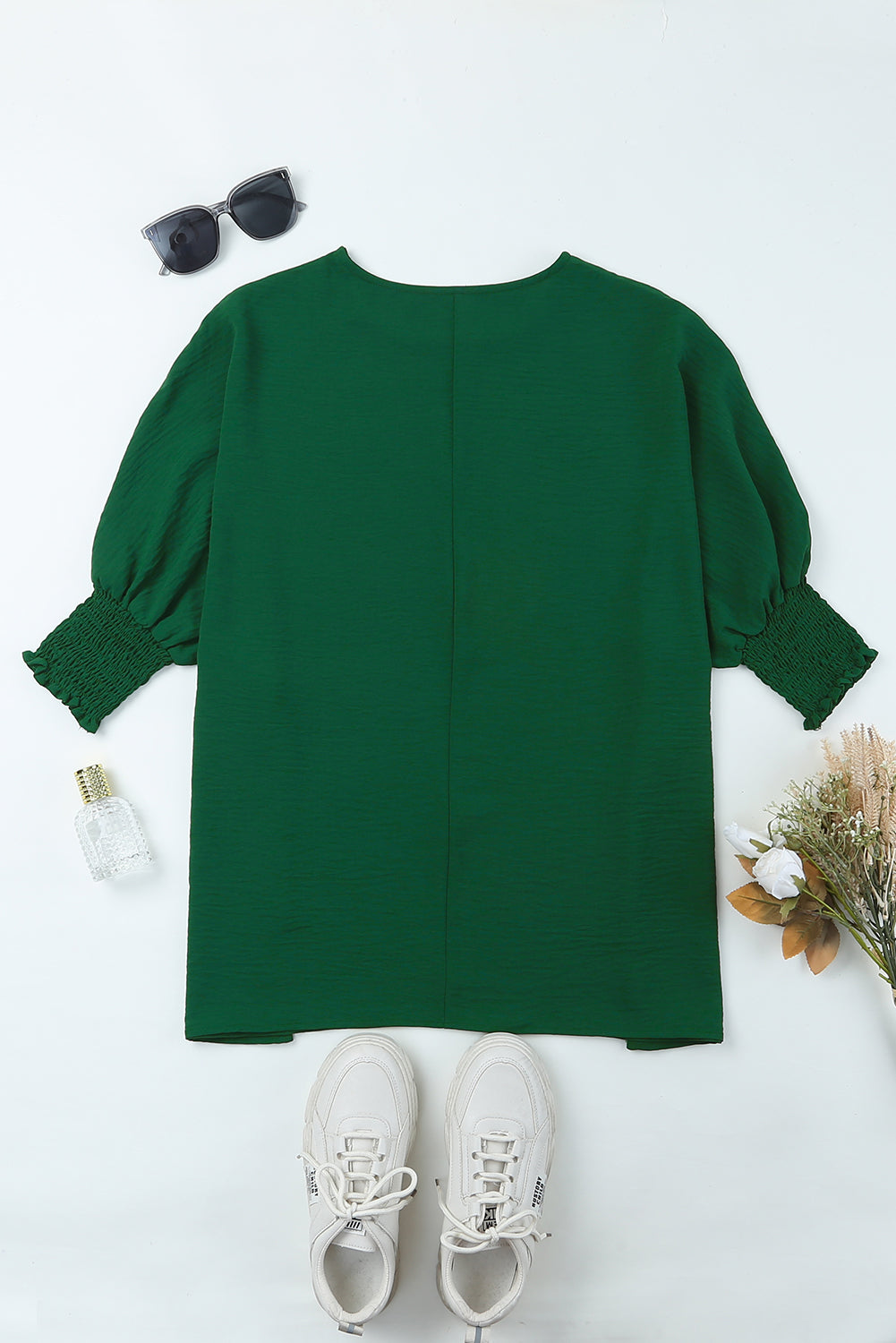 Green Casual Shirred Cuffs Half Sleeve Top