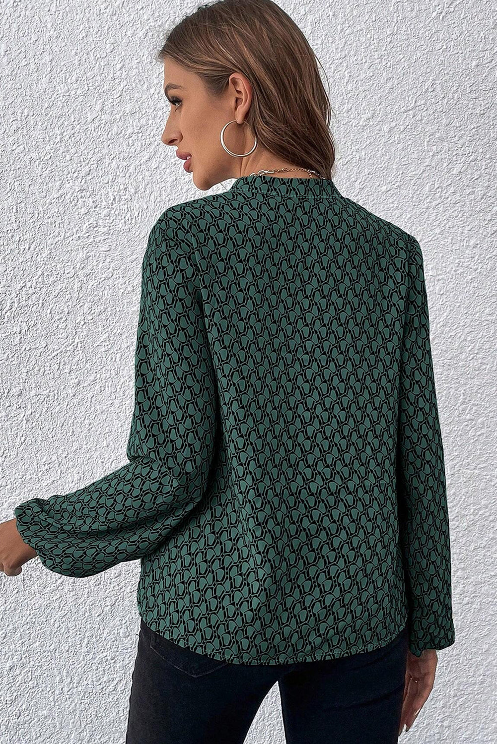 Green Geometric Print Notched Neck Long Sleeve Blouse