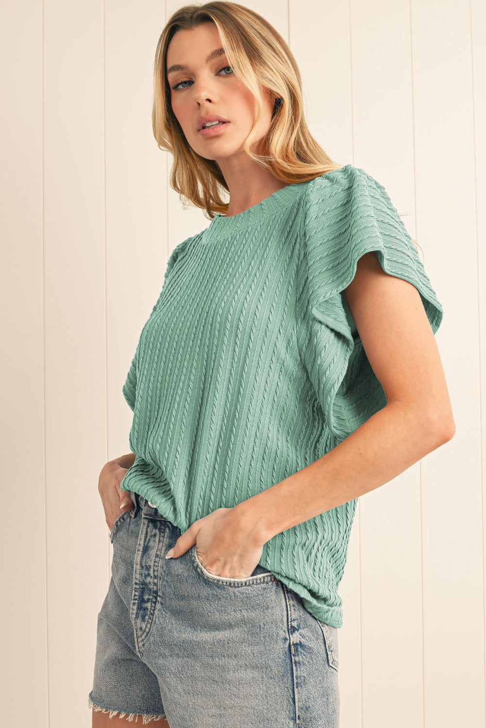 Moonlight Jade Solid Color Textured Ruffle Short Sleeve Knit Top