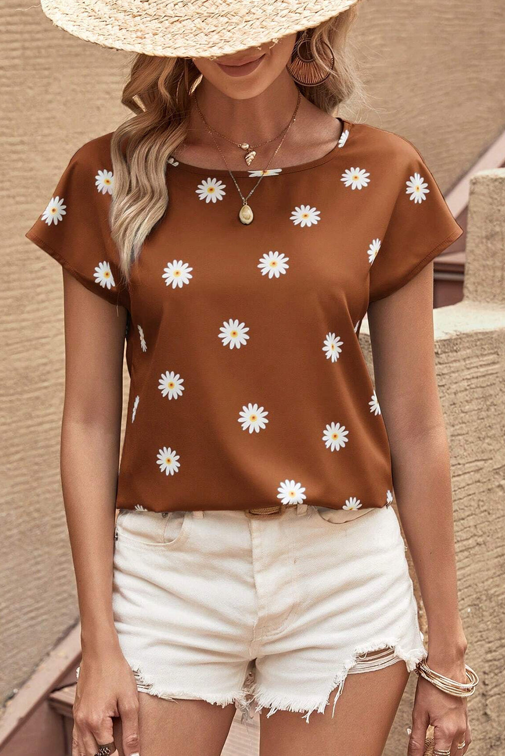 Chestnut Summer Daisy Print Batwing Sleeve Blouse