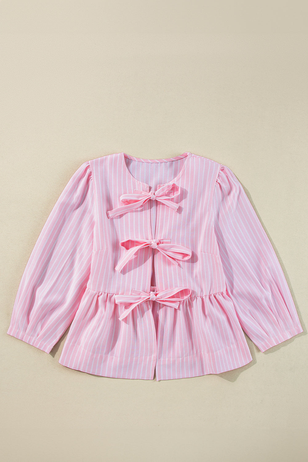 Pink Striped Print Sweet Bow Tie Blouse