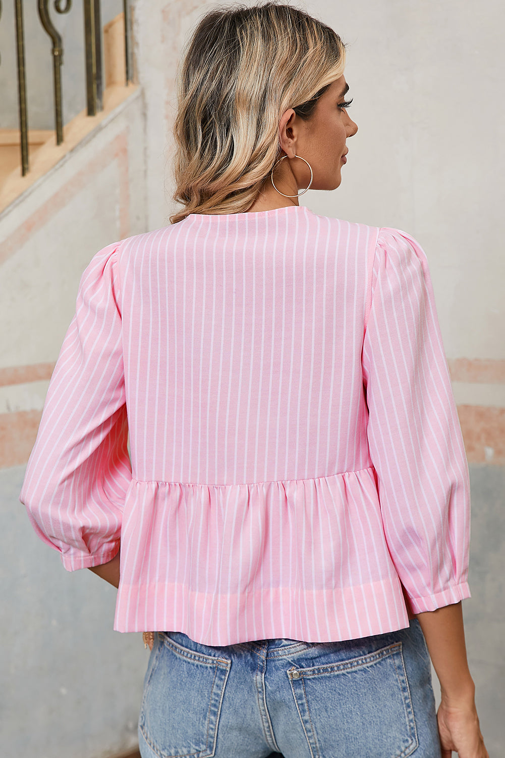 Pink Striped Print Sweet Bow Tie Blouse