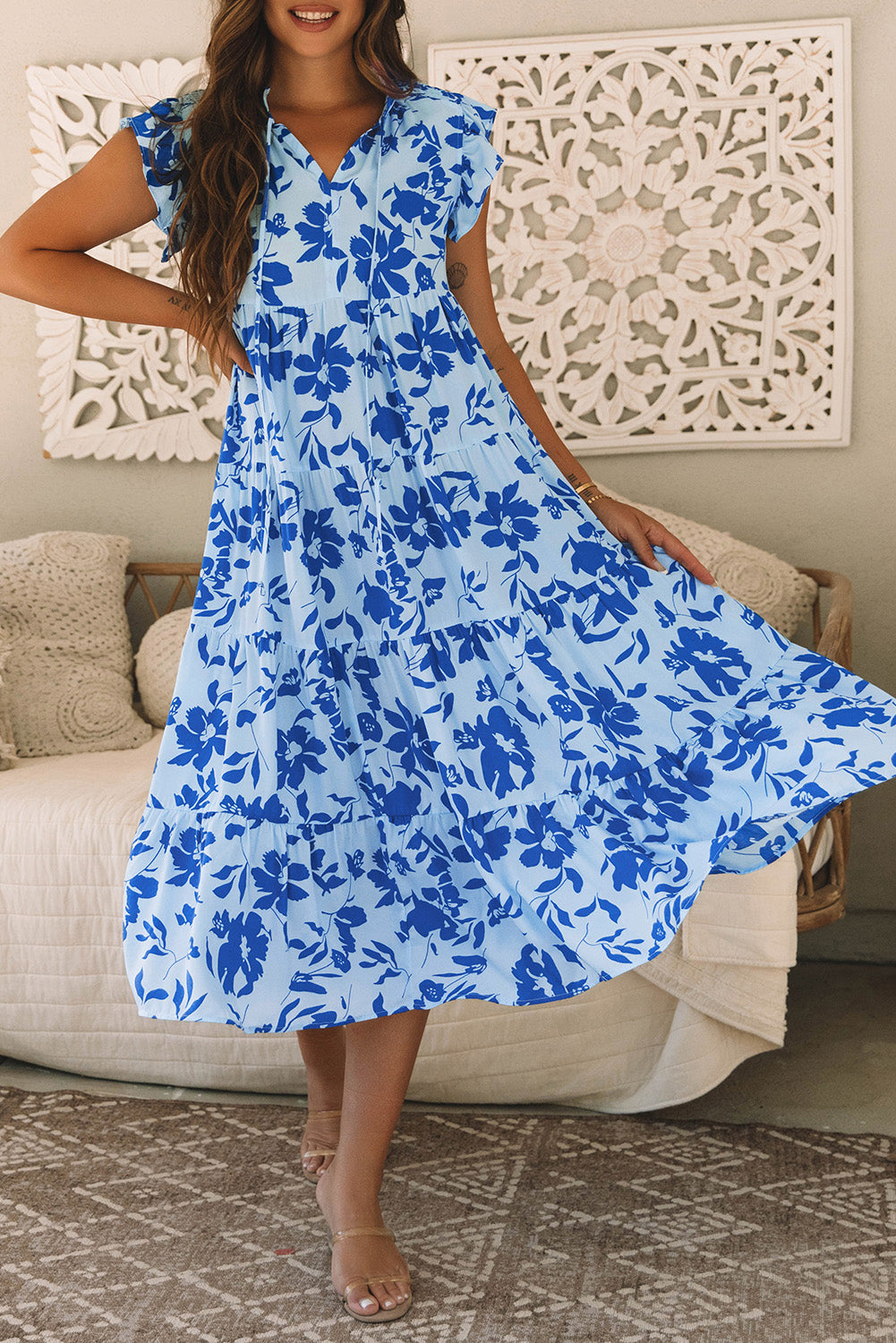 Sky Blue Floral Print Tiered Flutter Sleeve Maxi Dress