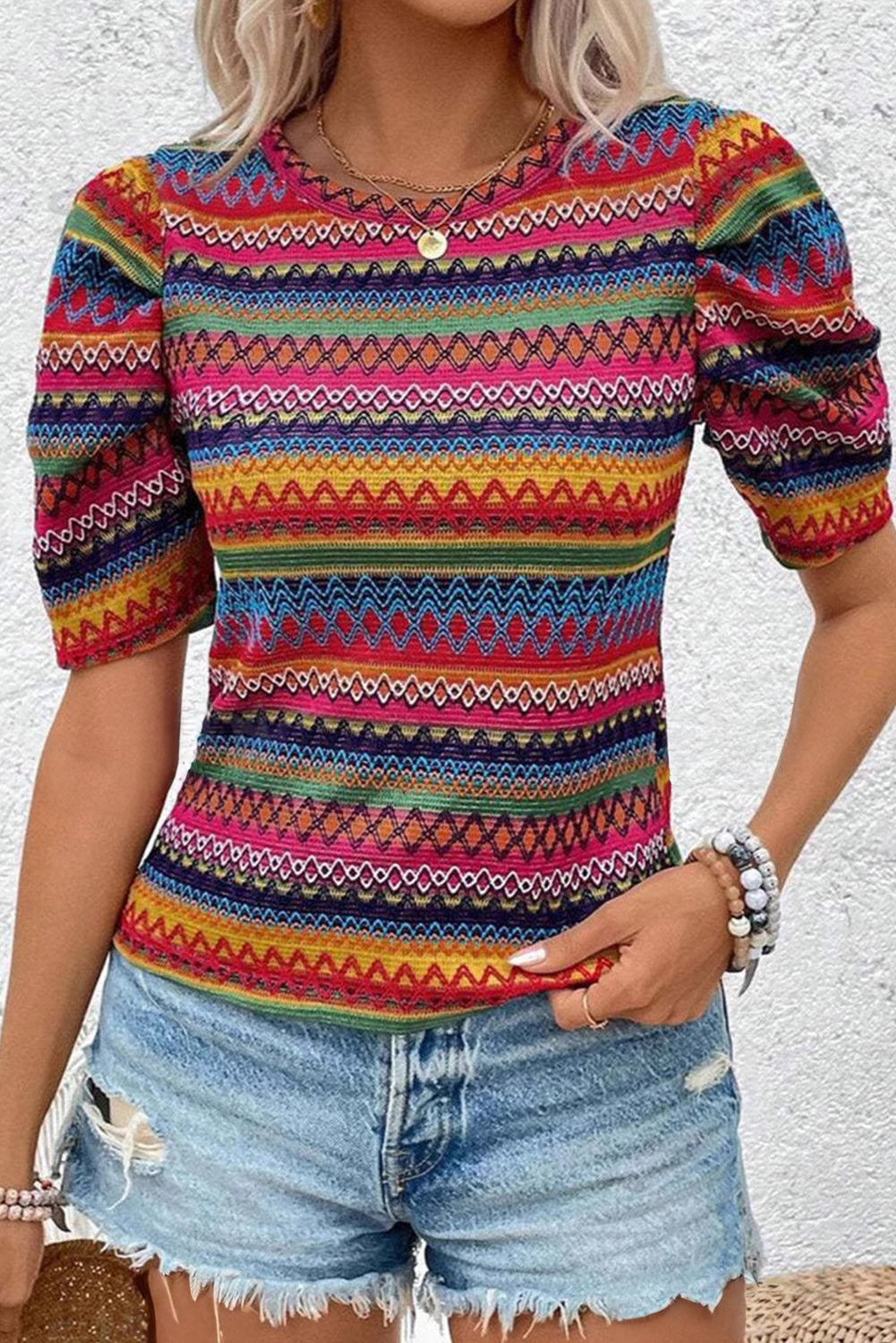 Multicolour Boho Geometric Print Puff Sleeve Knitted Top