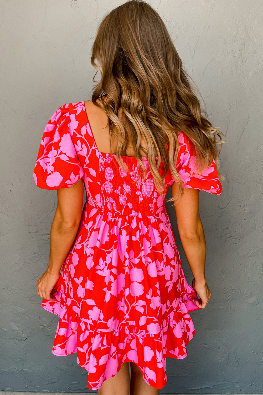 Red Floral Bubble Sleeve Sweetheart Neck Ruffled Mini Dress