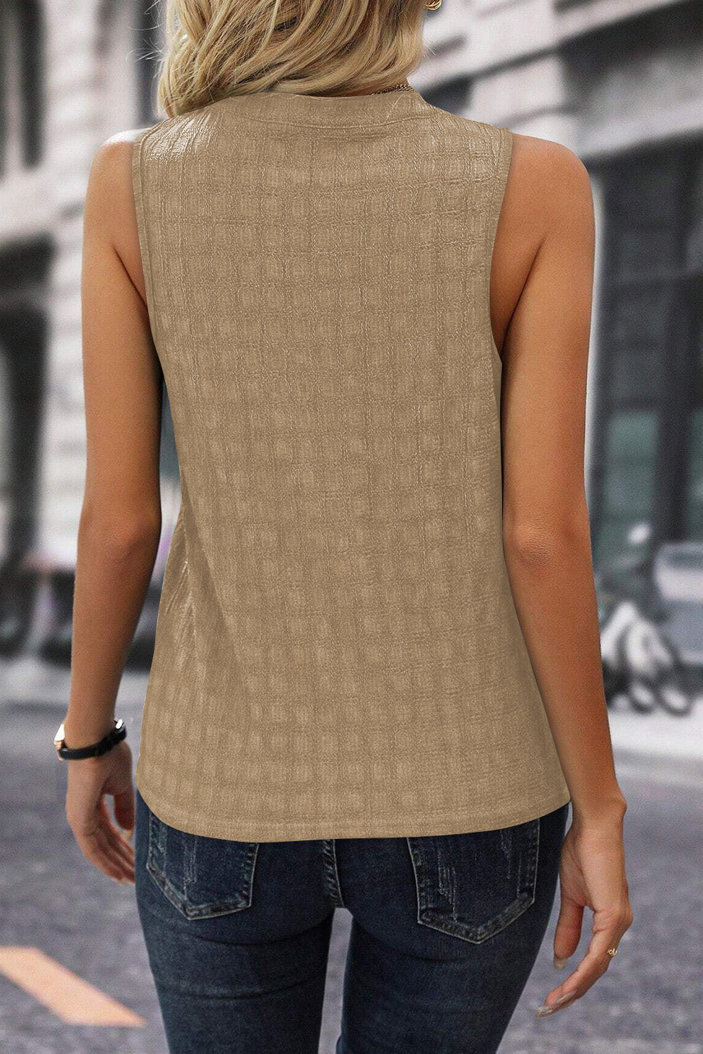 Light Beige Textured Split V Neck Sleeveless Shirt