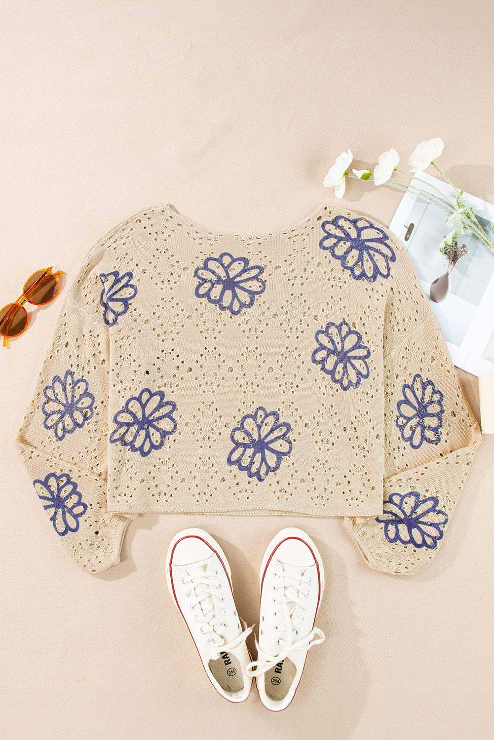 Beige Flower Print Drop Shoulder Hollow Knit Sweater