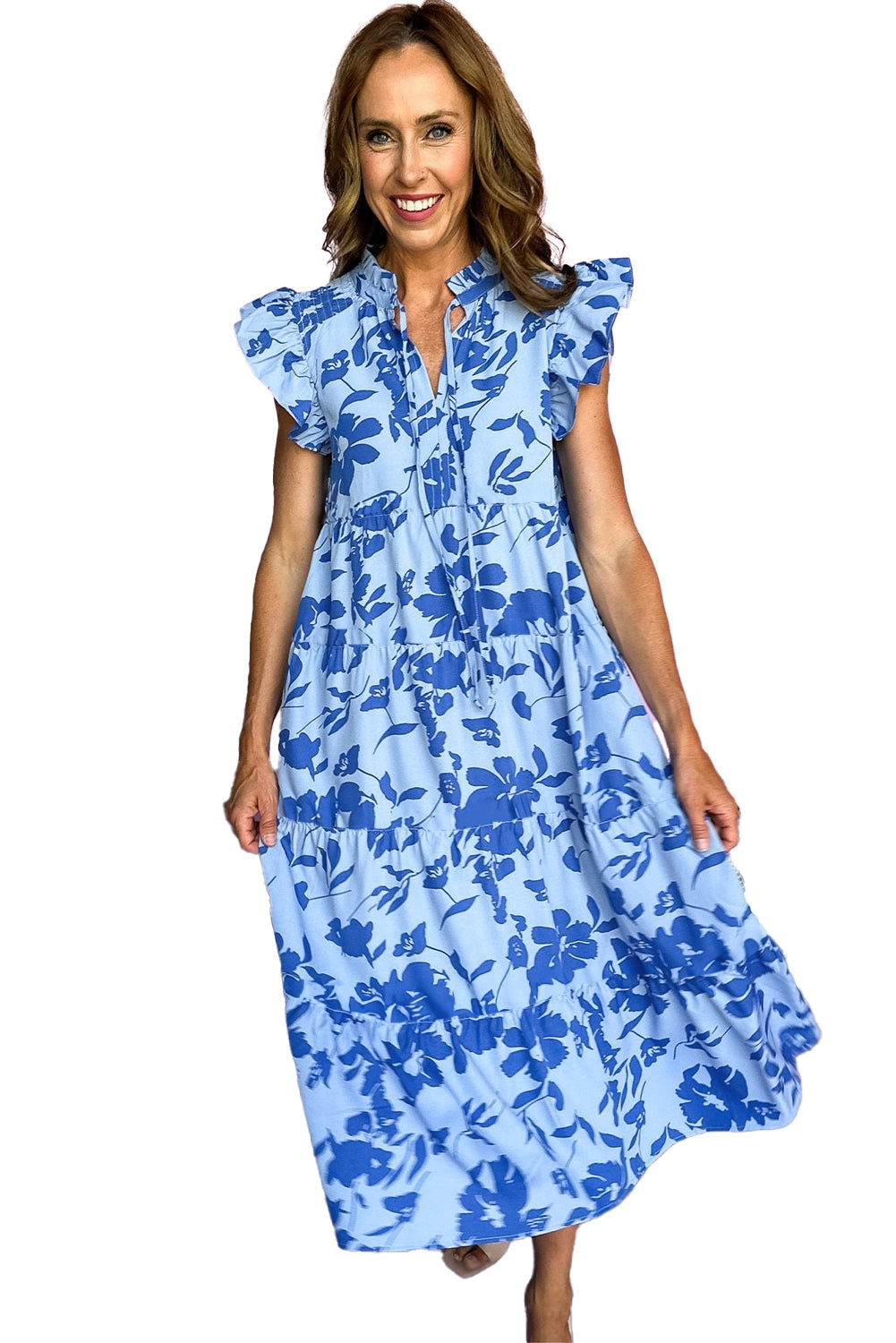 Sky Blue Floral Print Tiered Flutter Sleeve Maxi Dress