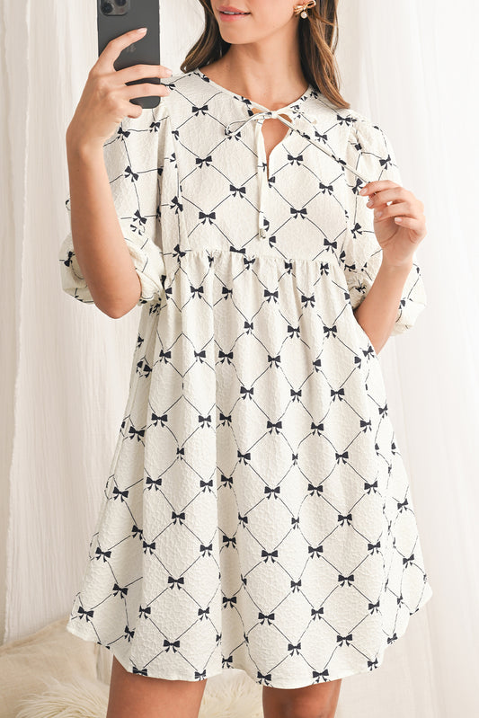 White Sweet Bow Print Lantern Sleeve Mini Dress