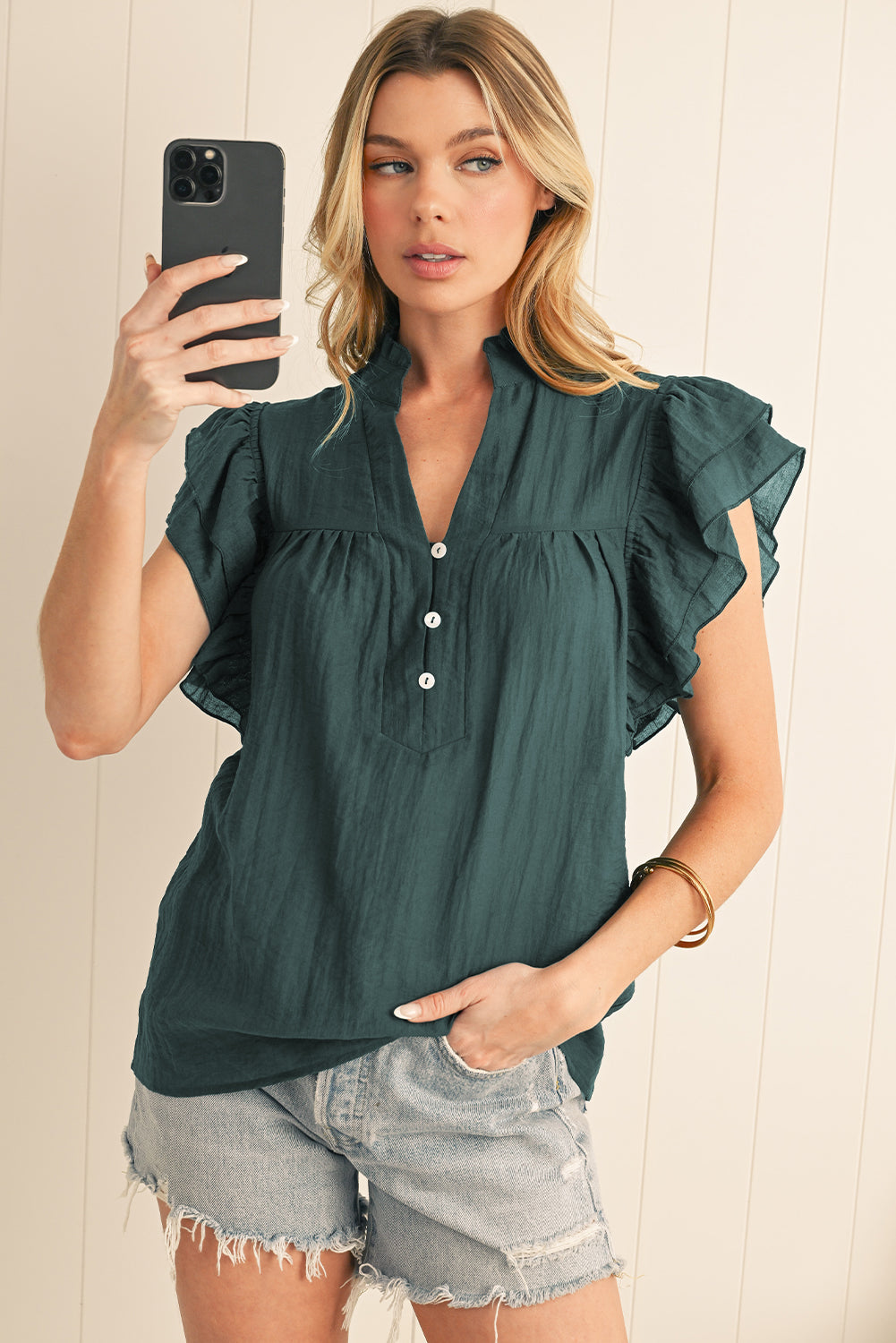 Skobeloff Buttoned V Neck Ruffle Short Sleeve Blouse