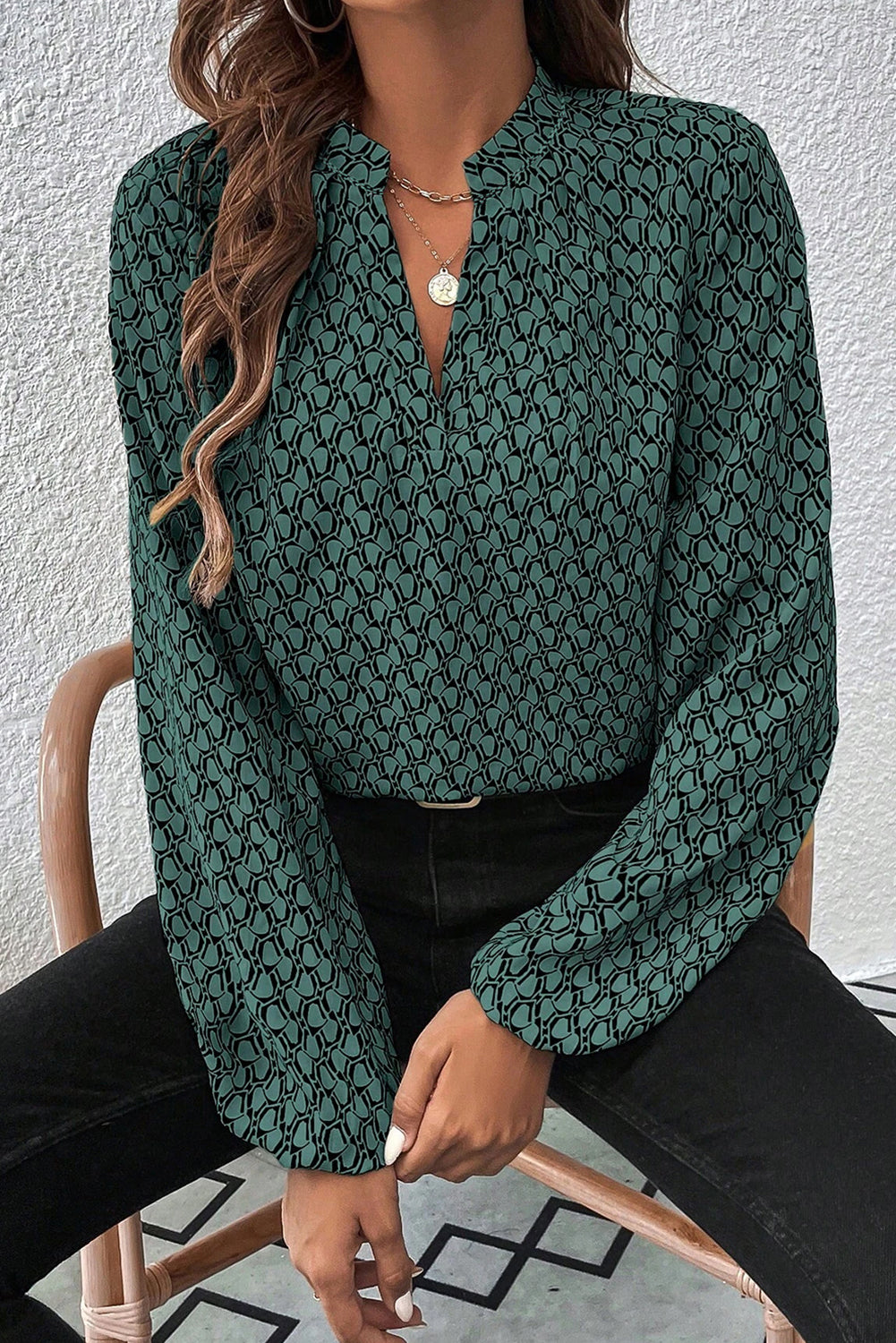 Green Geometric Print Notched Neck Long Sleeve Blouse