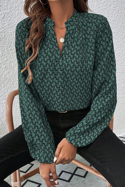 Green Geometric Print Notched Neck Long Sleeve Blouse