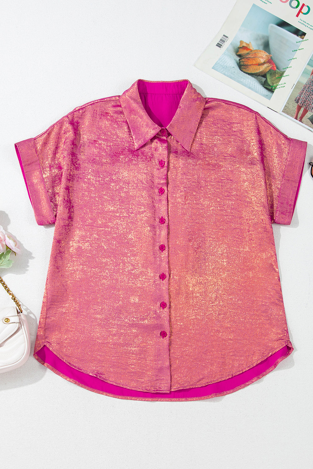 Rose Red Metallic Sheen Short Sleeve Buttoned Front Shirt