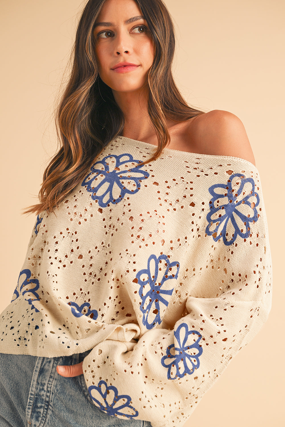 Beige Flower Print Drop Shoulder Hollow Knit Sweater