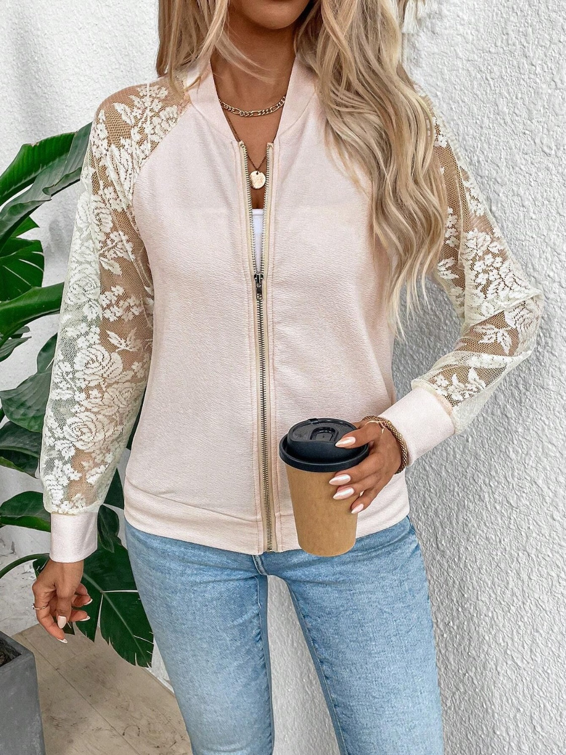 Lace Baseball Collar Zip Up Jacket