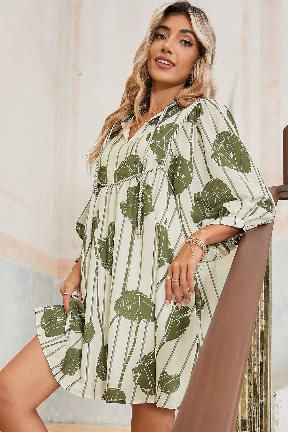 Guacamole Green Abstract Print Striped V-Neck Mini Dress