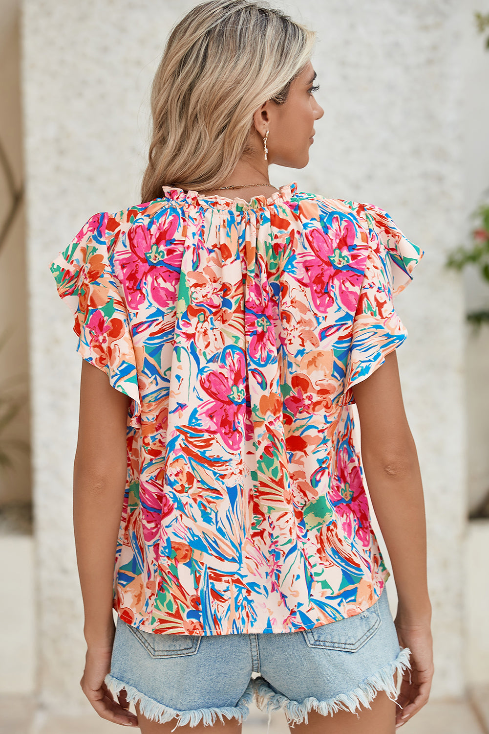 Multicolour Floral Print Tied V-Neck Ruffle Sleeve Blouse