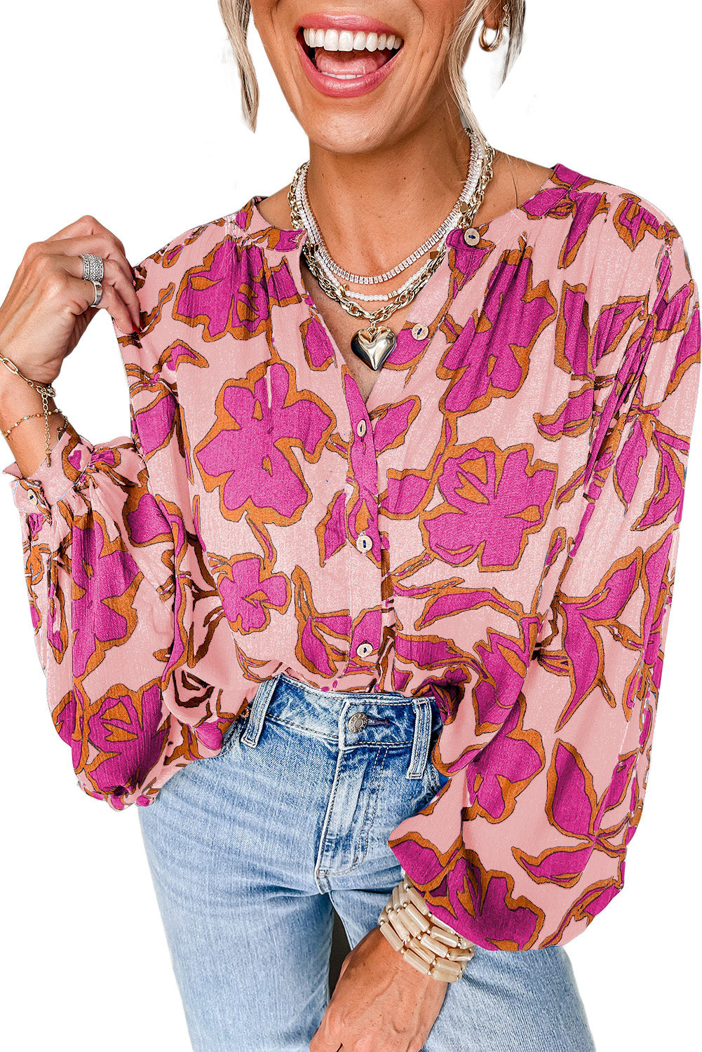 Pink Floral Print Batwing Sleeve Button Loose Fit Blouse