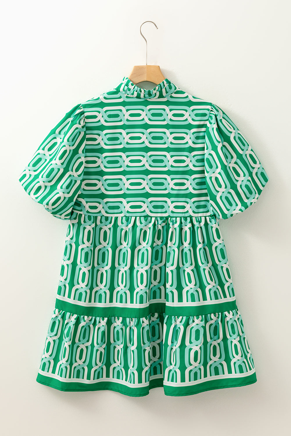 Bright Green Abstract Print V-Neck Puff Sleeve Mini Dress