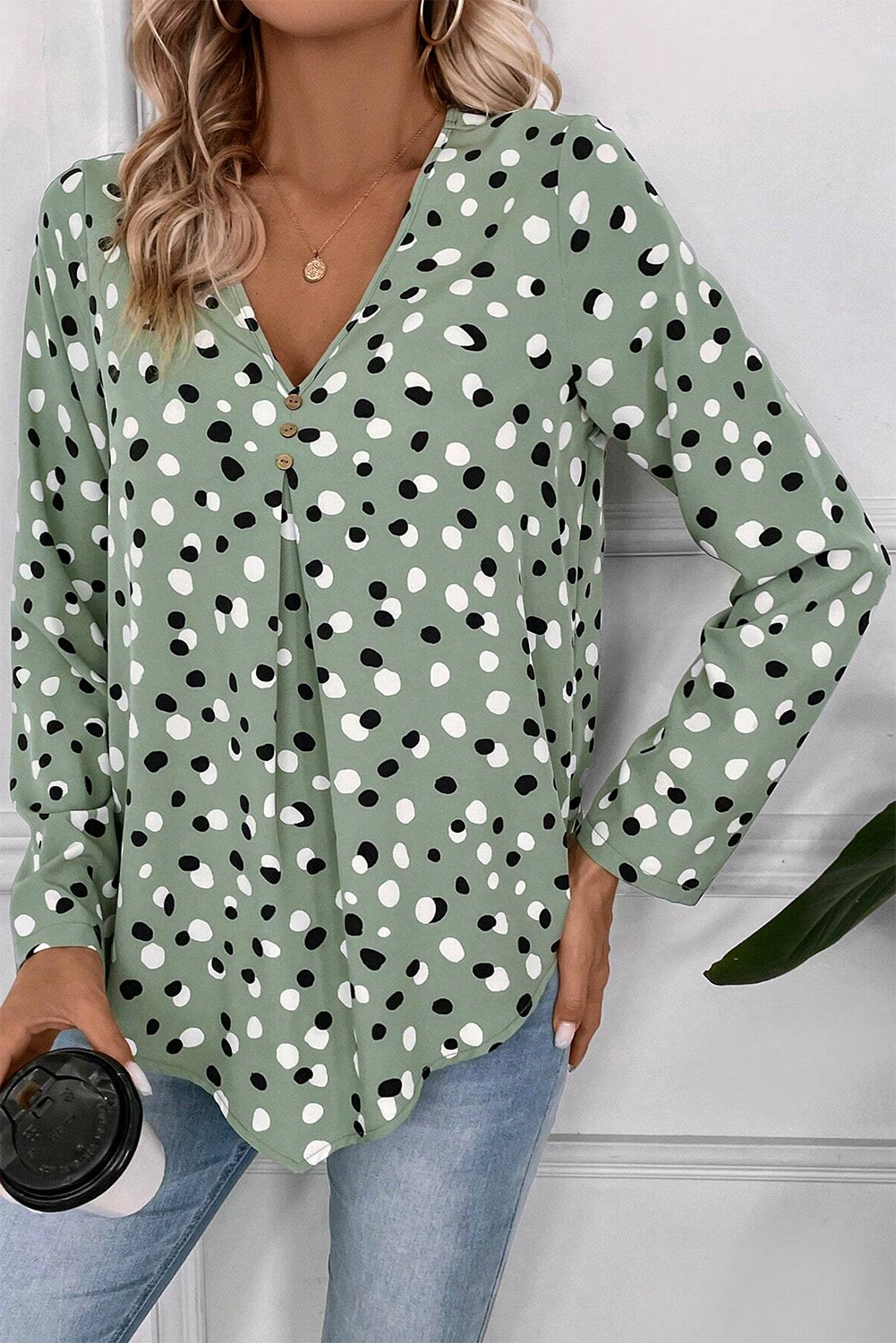 Green Dotted Print Button Front V Neck Blouse