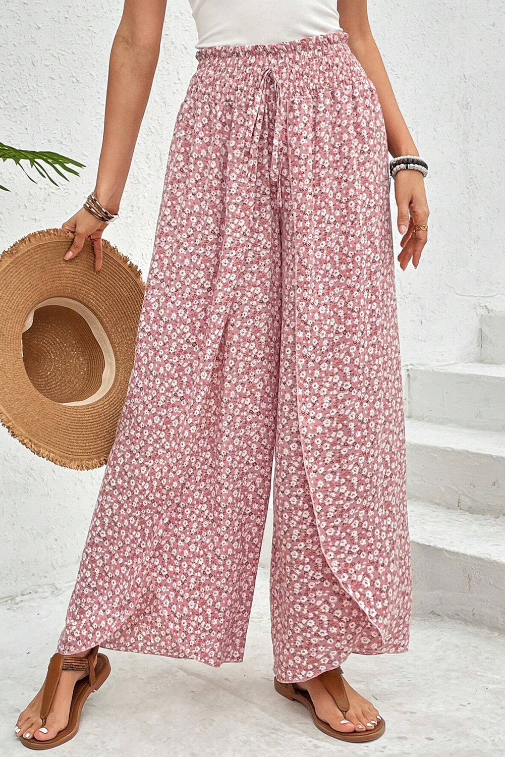 Red Floral Shirred Side Slit Wide Leg Pants