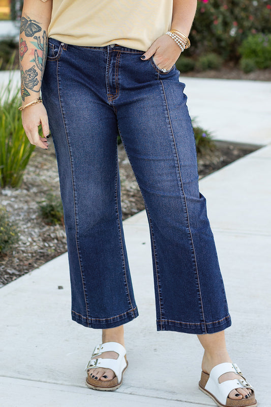 Navy Blue Plus Size Seamed Wide Leg High Waist Jeans