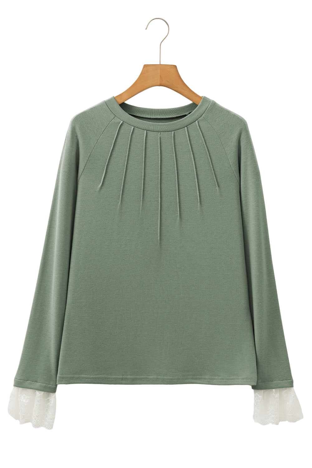 Grass Green Seam Detail Lace Contrast Cuffs Raglan Sleeve Top